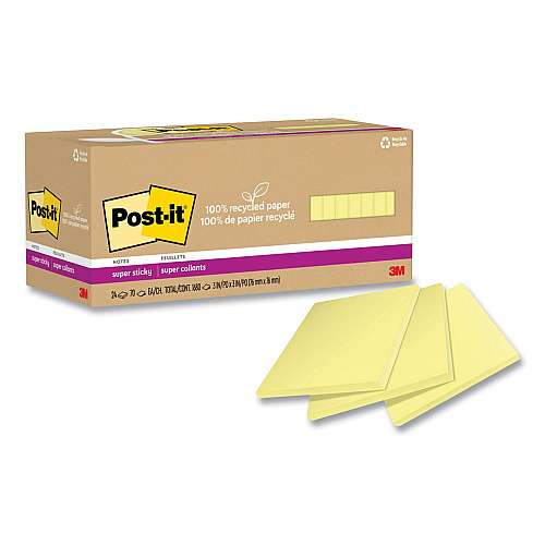 Post-it 100% Recycled Paper Super Sticky Notes, 3" x 3", Canary Yellow, 70 Sheets/Pad, 24 Pads/Pack (654R24SSCYCP)