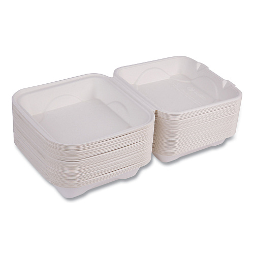 Eco-Products Bagasse Hinged Clamshell Containers, 8 x 8 x 3, White, 200/Carton (EPHC81)