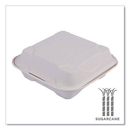 Eco-Products Bagasse Hinged Clamshell Containers, 8 x 8 x 3, White, 200/Carton (EPHC81)