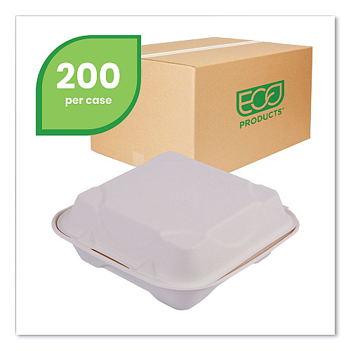 Eco-Products Bagasse Hinged Clamshell Containers, 8 x 8 x 3, White, 200/Carton (EPHC81)