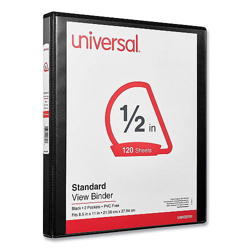 Universal Slant D-Ring View Binder, 3 Rings, 0.5" Capacity, 11 x 8.5, Black (UNV20701)