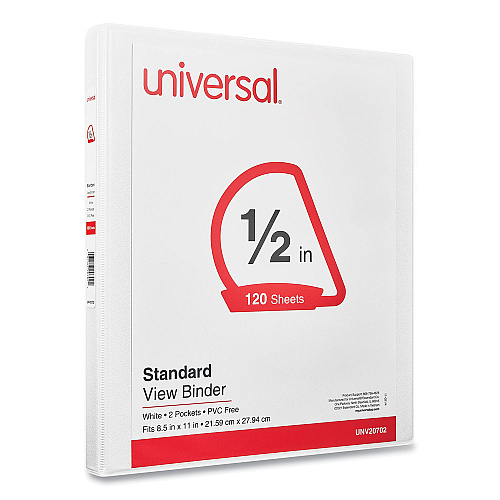 Universal Slant D-Ring View Binder, 3 Rings, 0.5" Capacity, 11 x 8.5, White (UNV20702)
