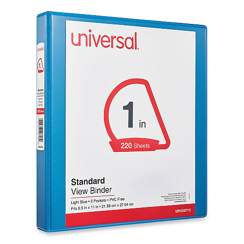 Universal Slant D-Ring View Binder, 3 Rings, 1" Capacity, 11 x 8.5, Light Blue (UNV20713)