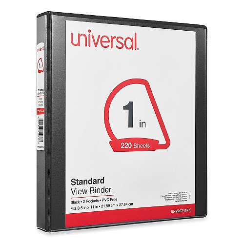 Universal Slant D-Ring View Binder, 3 Rings, 1" Capacity, 11 x 8.5, Black, 12/Carton (UNV20741PK)