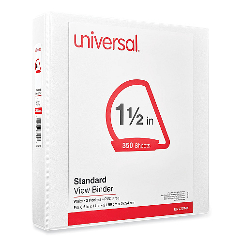 Universal Slant D-Ring View Binder, 3 Rings, 1.5" Capacity, 11 x 8.5, White (UNV20744)
