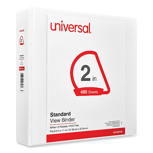 Universal Slant D-Ring View Binder, 3 Rings, 2" Capacity, 11 x 8.5, White (UNV20746)