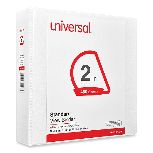 Universal Slant D-Ring View Binder, 3 Rings, 2" Capacity, 11 x 8.5, White, 4/Pack (UNV20746PK)