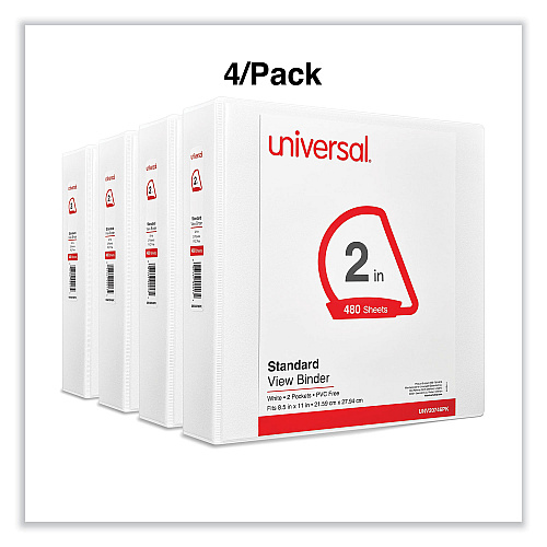 Universal Slant D-Ring View Binder, 3 Rings, 2" Capacity, 11 x 8.5, White, 4/Pack (UNV20746PK)