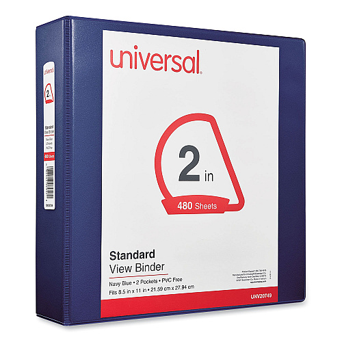 Universal Slant D-Ring View Binder, 3 Rings, 2" Capacity, 11 x 8.5, Navy Blue (UNV20749)