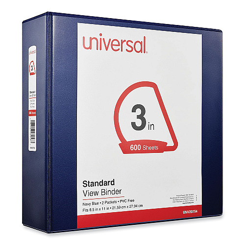 Universal Slant D-Ring View Binder, 3 Rings, 3" Capacity, 11 x 8.5, Navy Blue (UNV20754)