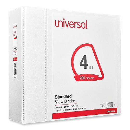 Universal Slant D-Ring View Binder, 3 Rings, 4" Capacity, 11 x 8.5, White (UNV20994)