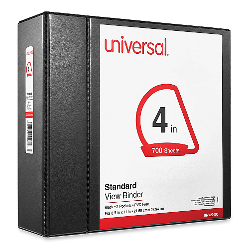 Universal Slant D-Ring View Binder, 3 Rings, 4" Capacity, 11 x 8.5, Black (UNV20995)