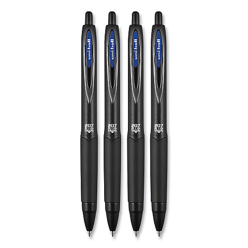 uni-ball 207 Plus+ Gel Pen, Retractable, Medium 0.7 mm, Blue Ink, Black Barrel, 4/Pack (70457)