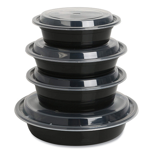 GEN Microwavable Food Container with Lid, Round, 32 oz, 7.28 x 7.28 x 2.55, Black/Clear, Plastic, 150/Carton (GENTORND32)