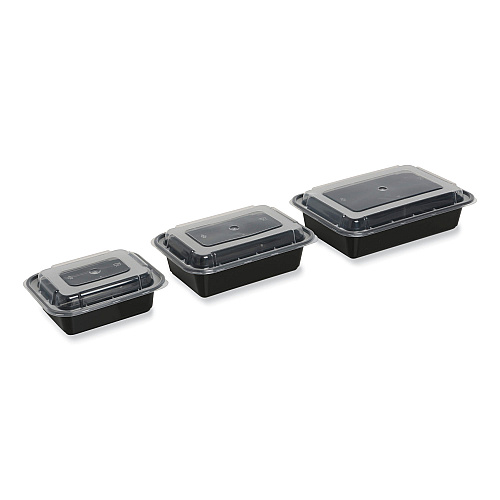 GEN Microwavable Food Container with Lid, Rectangular, 38 oz, 8.81 x 6.02 x 2.48, Black/Clear, Plastic, 150/Carton (GENTORECT38)