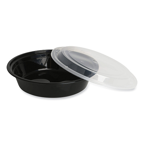 GEN Microwavable Food Container with Lid, Round, 48 oz, 8.85 x 8.85 x 2.24, Black/Clear, Plastic, 150/Carton (GENTORND48)