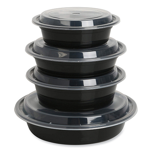 GEN Microwavable Food Container with Lid, Round, 24 oz, 7.28 x 7.28 x 1.96, Black/Clear, Plastic, 150/Carton (GENTORND24)