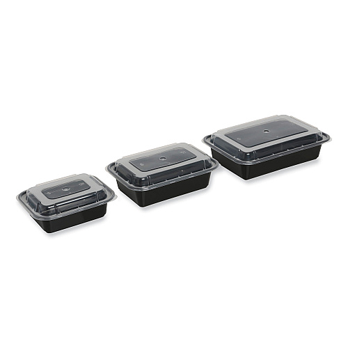 GEN Microwavable Food Container with Lid, Rectangular, 28 oz, 8.81 x 6.02 x 2.04, Black/Clear, Plastic, 150/Carton (GENTORECT28)