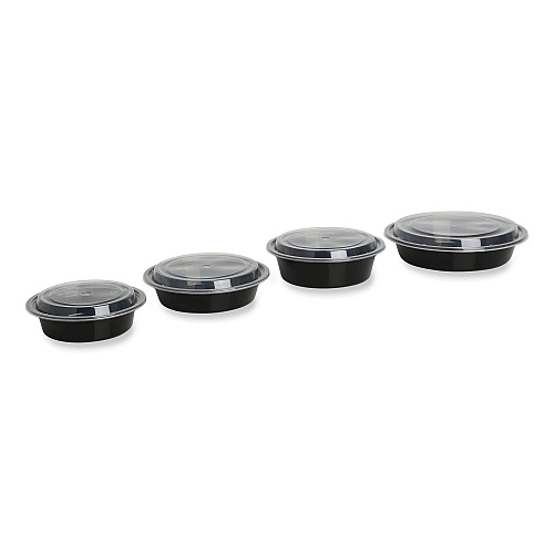 GEN Microwavable Food Container with Lid, Round, 48 oz, 8.85 x 8.85 x 2.24, Black/Clear, Plastic, 150/Carton (GENTORND48)