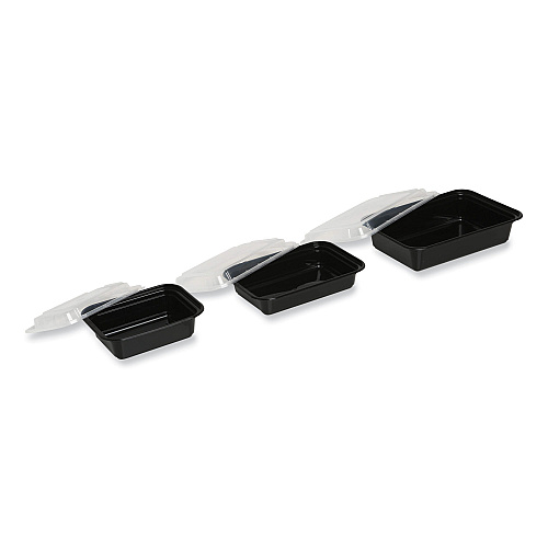 GEN Microwavable Food Container with Lid, Rectangular, 28 oz, 8.81 x 6.02 x 2.04, Black/Clear, Plastic, 150/Carton (GENTORECT28)