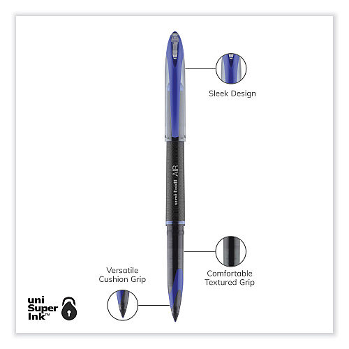 uni-ball AIR Porous Roller Ball Pen, Stick, Medium 0.7 mm, Blue Ink, Black/Blue Barrel, Dozen (1927701)