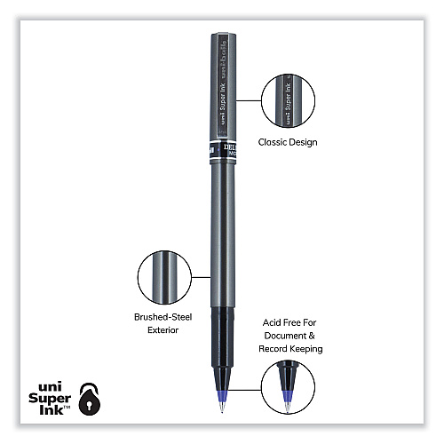 uni-ball Deluxe Roller Ball Pen, Stick, Extra-Fine 0.5 mm, Blue Ink, Metallic Gray/Black/Blue Barrel, Dozen (60027)