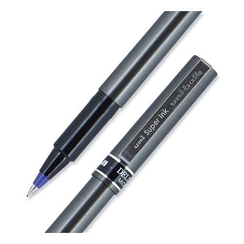 uni-ball Deluxe Roller Ball Pen, Stick, Extra-Fine 0.5 mm, Blue Ink, Metallic Gray/Black/Blue Barrel, Dozen (60027)