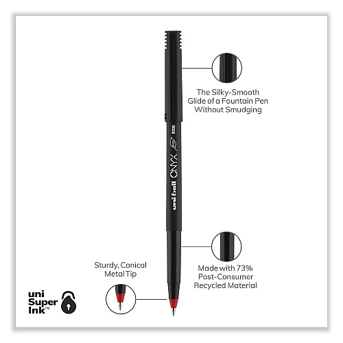 uni-ball ONYX Roller Ball Pen, Stick, Extra-Fine 0.5 mm, Red Ink, Black/Red Barrel, Dozen (60042)