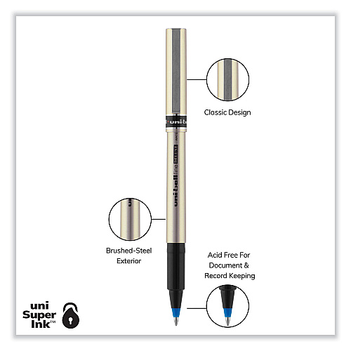 uni-ball Deluxe Roller Ball Pen, Stick, Fine 0.7 mm, Blue Ink, Champagne/Black/Blue Barrel, Dozen 0.7 mm Fine Pen Point - Blue Ink - Champagne Barrel - 1 Dozen (60053)