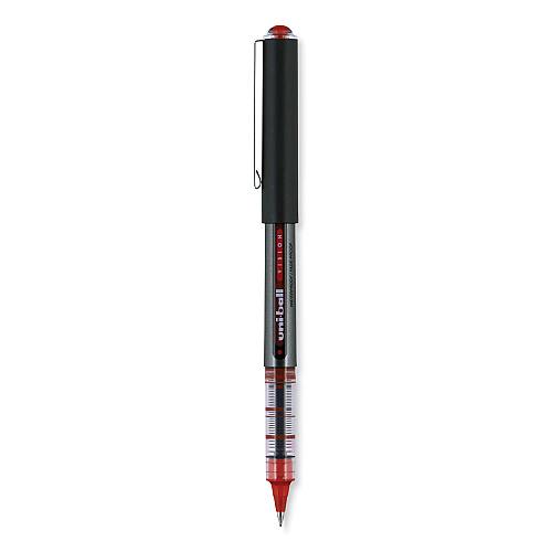 uni-ball VISION Roller Ball Pen, Stick, Extra-Fine 0.5 mm, Red Ink, Gray/Red Barrel, Dozen (60117)