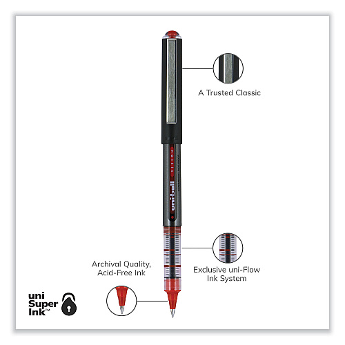 uni-ball VISION Roller Ball Pen, Stick, Extra-Fine 0.5 mm, Red Ink, Gray/Red Barrel, Dozen (60117)