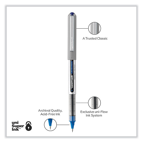 uni-ball VISION Roller Ball Pen, Stick, Fine 0.7 mm, Blue Ink, Silver/Blue/Clear Barrel, Dozen (60134)