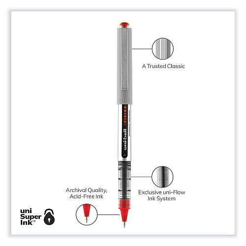 uni-ball VISION Roller Ball Pen, Stick, Fine 0.7 mm, Red Ink, Silver/Red/Clear Barrel, Dozen (60139)