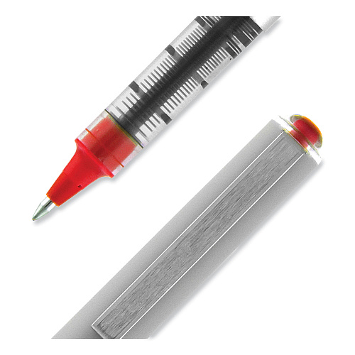 uni-ball VISION Roller Ball Pen, Stick, Fine 0.7 mm, Red Ink, Silver/Red/Clear Barrel, Dozen (60139)