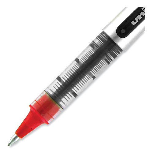 uni-ball VISION Roller Ball Pen, Stick, Fine 0.7 mm, Red Ink, Silver/Red/Clear Barrel, Dozen (60139)