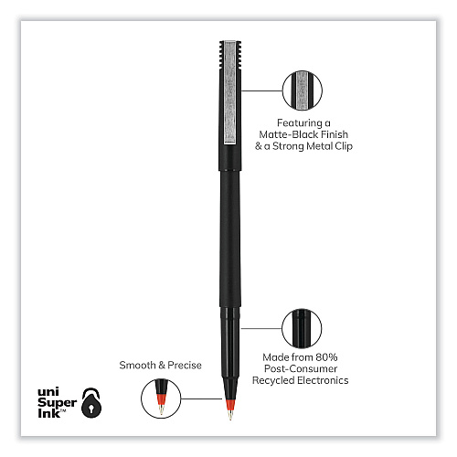 uni-ball Roller Ball Pen, Stick, Extra-Fine 0.5 mm, Red Ink, Black/Red Barrel, Dozen (60152)