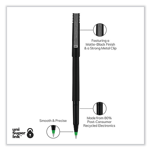 uni-ball Roller Ball Pen, Stick, Extra-Fine 0.5 mm, Green Ink, Black/Green Barrel, Dozen (60154)