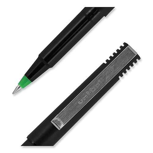 uni-ball Roller Ball Pen, Stick, Extra-Fine 0.5 mm, Green Ink, Black/Green Barrel, Dozen (60154)
