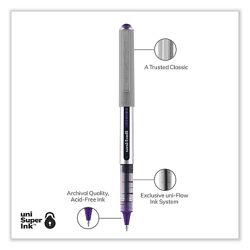 uni-ball VISION Roller Ball Pen, Stick, Fine 0.7 mm, Violet Ink, Silver/Violet/Clear Barrel, Dozen (60382)