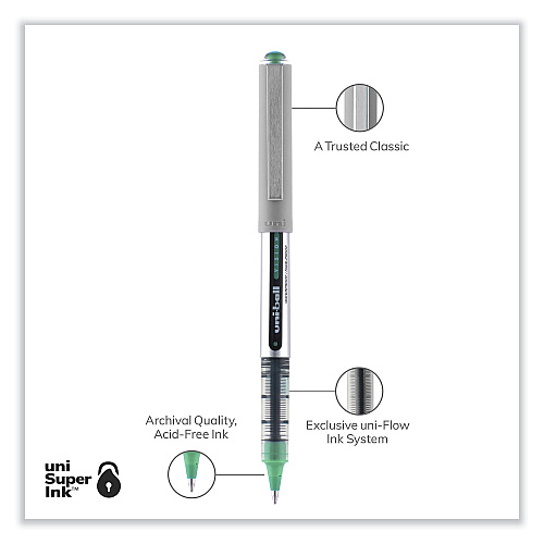 uni-ball VISION Roller Ball Pen, Stick, Fine 0.7 mm, Green Ink, Silver/Green/Clear Barrel, Dozen (60386)