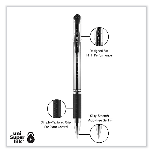uni-ball Signo GRIP Gel Pen, Stick, Medium 0.7 mm, Black Ink, Clear/Black/Silver Barrel, Dozen (65450)