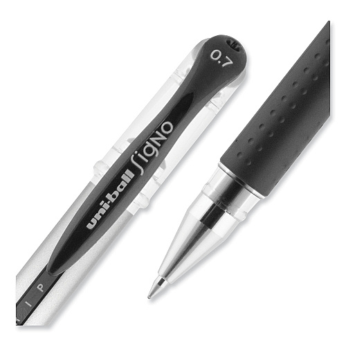 uni-ball Signo GRIP Gel Pen, Stick, Medium 0.7 mm, Black Ink, Clear/Black/Silver Barrel, Dozen (65450)