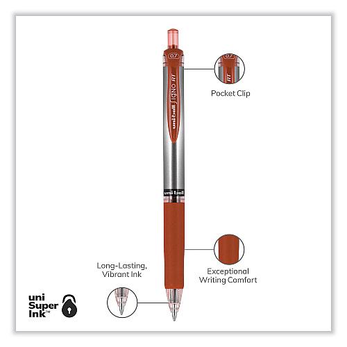 uni-ball Signo Gel Pen, Retractable, Medium 0.7 mm, Red Ink, Silver/Red Barrel, Dozen (65942)