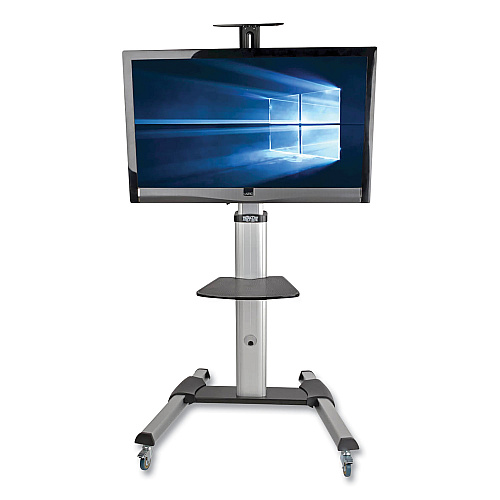 Tripp Lite Flat Panel Floor Stand, Tilt Range: -12 to +5, Metal, 1 Shelf, 110 lb Capacity, 32.6" x 27.6" x 81.5", Silver/Black (DMCS3270XP)