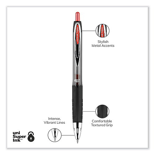 uni-ball Signo 207 Gel Pen, Retractable, Medium 0.7 mm, Red Ink, Smoke/Black/Red Barrel, Dozen (33952)