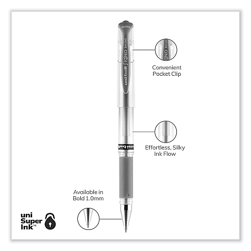 uni-ball IMPACT Gel Pen, Stick, Medium 1 mm, Silver Metallic Ink, Silver Barrel (60658)