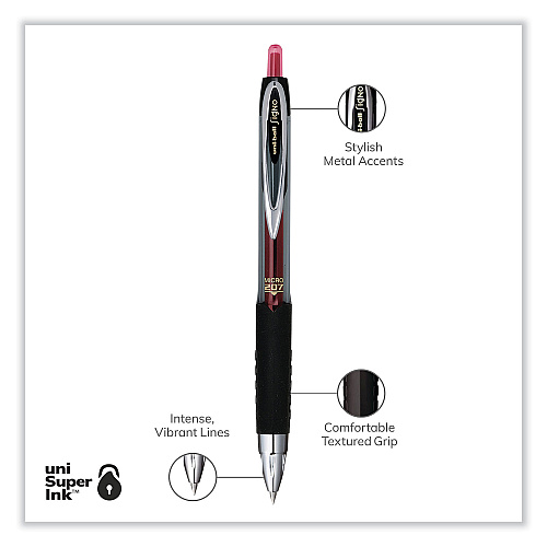 uni-ball Signo 207 Gel Pen, Retractable, Fine 0.5 mm, Red Ink, Smoke/Black/Red Barrel, Dozen (61257)