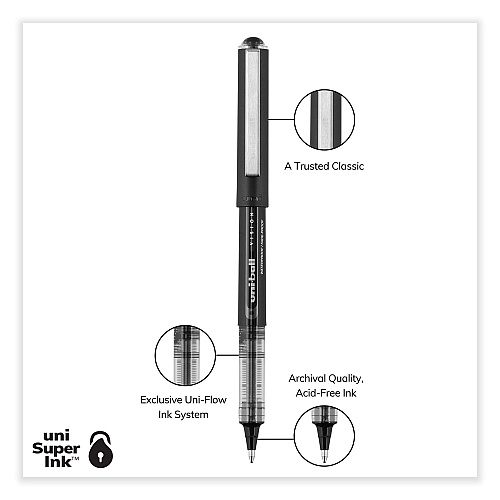 uni-ball VISION Roller Ball Pen, Stick, Bold 1 mm, Black Ink, Gray/Black/Clear Barrel, Dozen (70128)