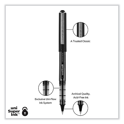 uni-ball VISION Roller Ball Pen, Stick, Bold 1 mm, Blue Ink, Black/Blue/Clear Barrel, Dozen (70129)