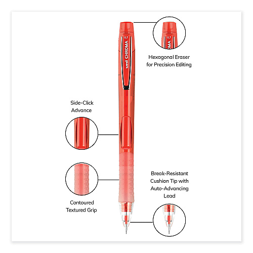 uni-ball Chroma Mechanical Pencil, 0.7 mm, HB (#2), Black Lead, Red Barrel, Dozen 0.7 mm Black Lead - HB, #2 - Red Barrel - 1 Dozen (70135)